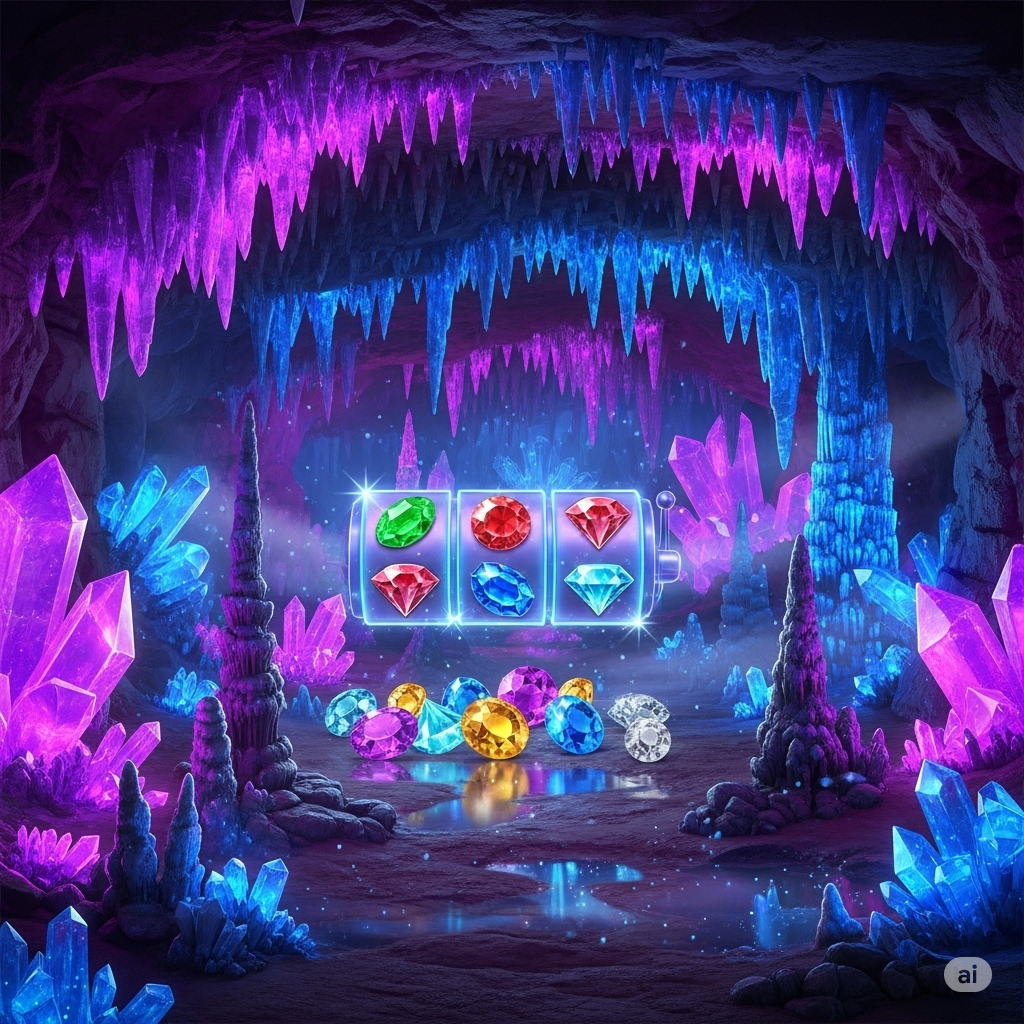 Slot dengan latar gua kristal berkilau